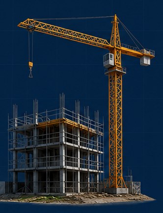 Building under construction with tower crane